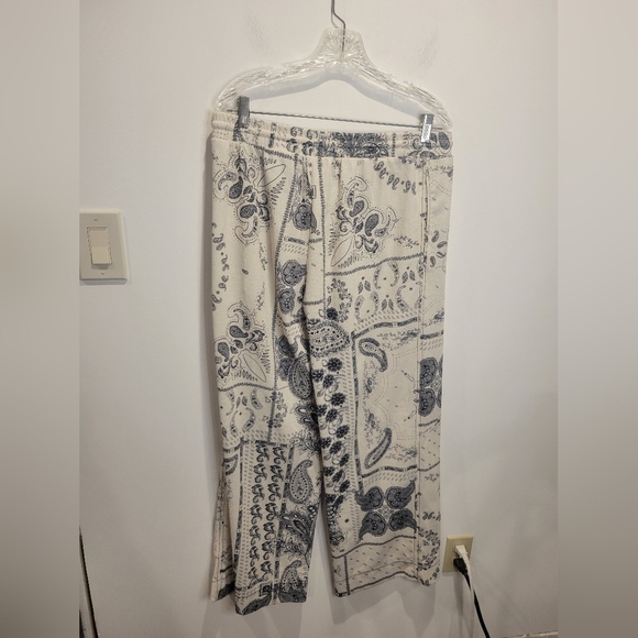 H&M Size L Cream/black Boho Cotton Blend Drawstring Wide Leg Pants - Picture 4 of 7